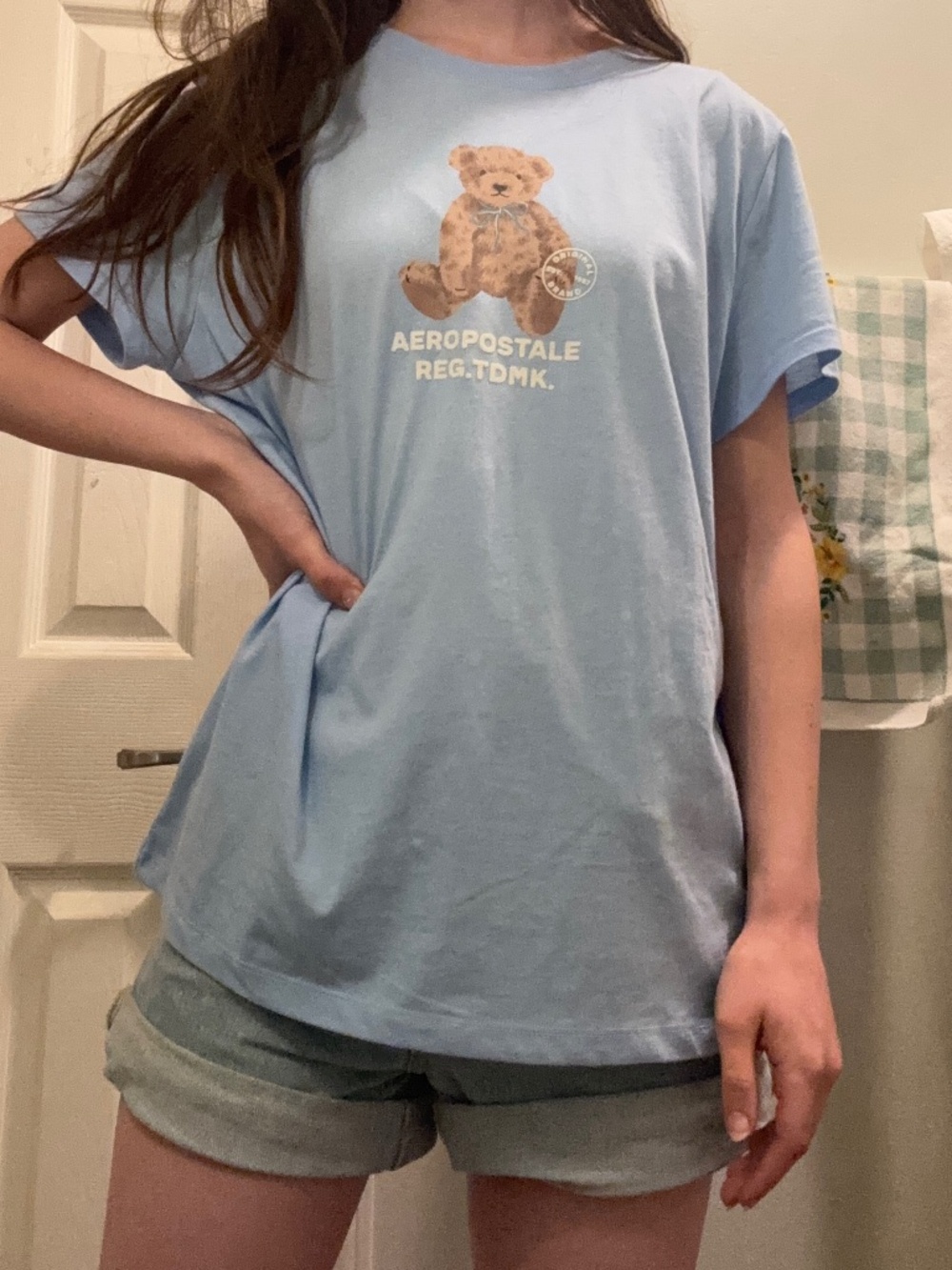 Retails $25! Aero Teddy Bear Flocked Graphic Tee Baby blue coquette oversized